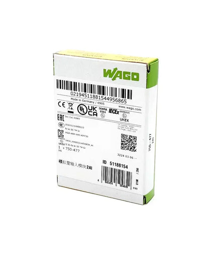 Wago 750-477 Differenzeingang 2-Kanal-Analogeingang AC/DC 0 … 10 V | sealed box view with product labels and barcodes.