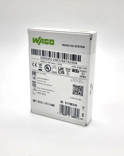 Wago 750-553 I/O System 4-Kanal-Analogausgang 0 … 20 mA | sealed box showing product details and specifications