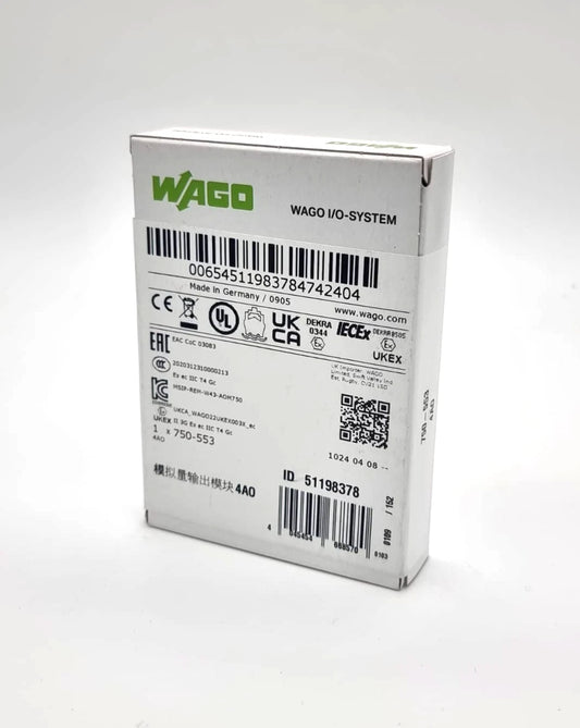 Wago 750-553 I/O System 4-Kanal-Analogausgang 0 … 20 mA | sealed box showing product details and specifications