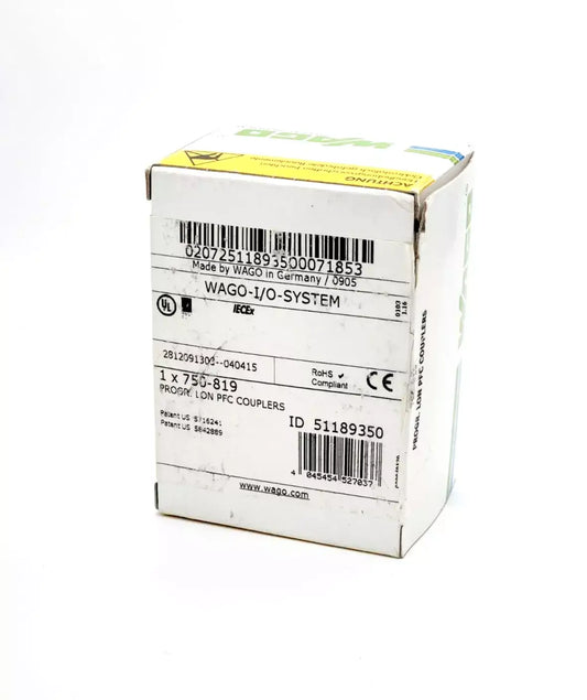 Wago 750-819 Controller LonWorks packaging showing labels and barcodes, new and originally packaged.