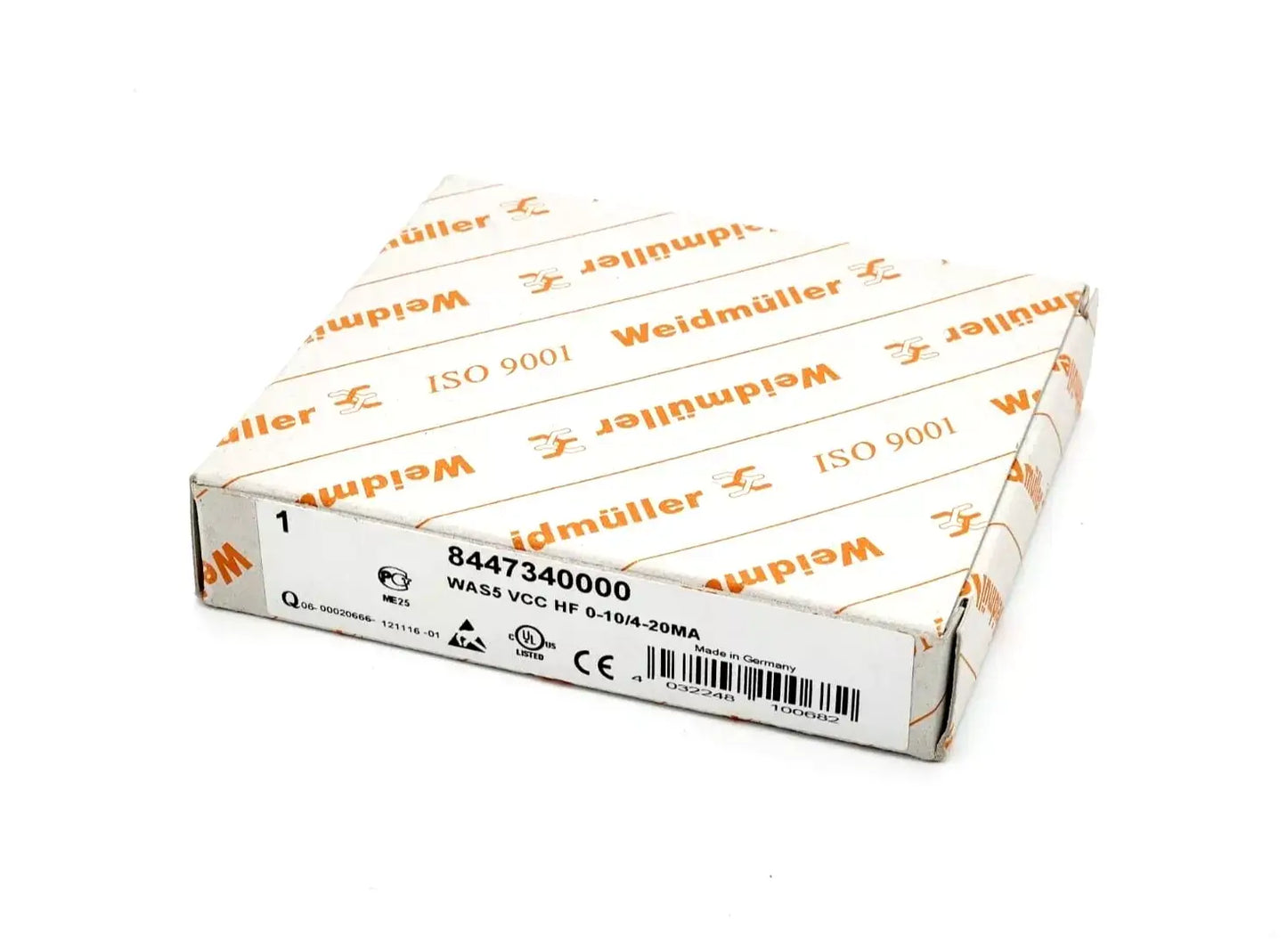 Packaging of Weidmüller 8447340000 WAS5 VCC HF 0-10/4-20MA Signalwandler Signal Converter, showing product label and branding.