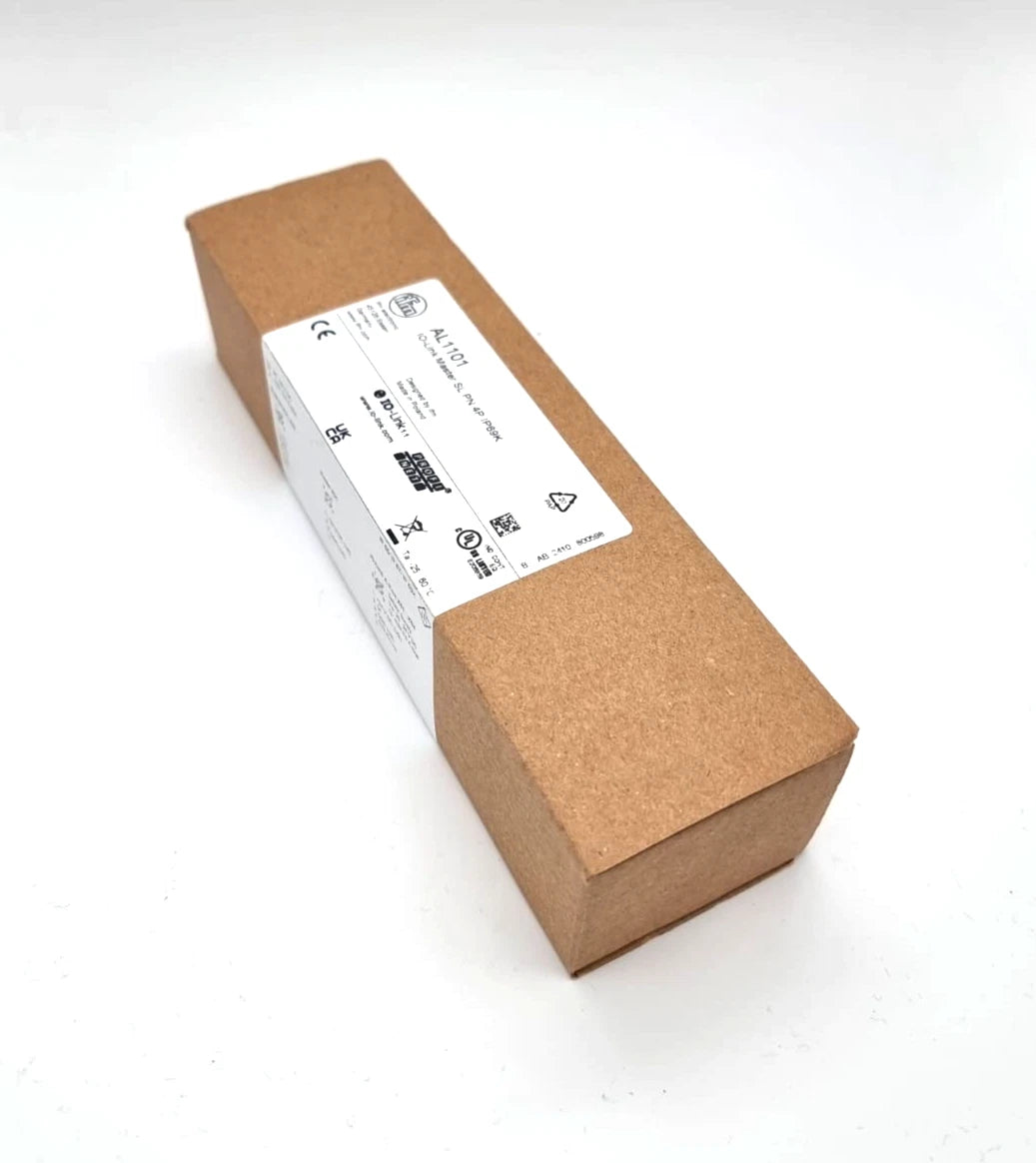 Packaging of ifm AL1101 IO-Link Master PROFINET-Schnittstelle SL PN 4P IP69K in box, new and unopened, product label visible.