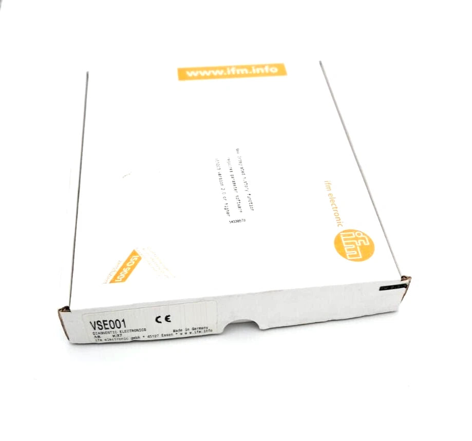 Packaging of ifm VSE001 Diagnoseelektronik für Schwingungs-Sensoren in original box, new product, model VSE001, for vibration monitoring.