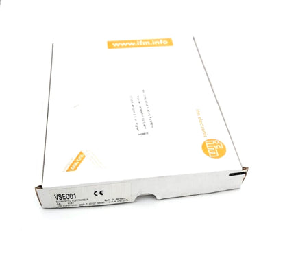 Packaging of ifm VSE001 Diagnoseelektronik für Schwingungs-Sensoren in original box, new product, model VSE001, for vibration monitoring.