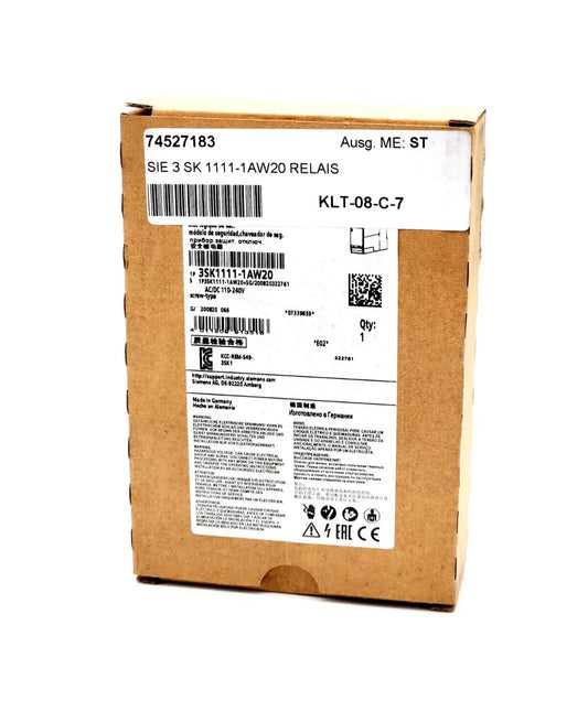 Box of Siemens 3SK1111-1AW20 SIRIUS safety relay, model number displayed on label