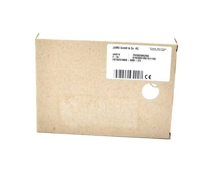Packaging of JUMO dTRANS T02 Messumformer with product label and barcode shown.