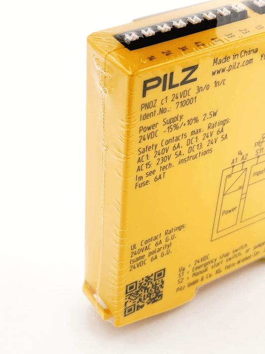 Pilz 710001 PNOZ c1 PNOZcompact safety relay, 3n/o 1n/c, yellow housing, 24V DC, product view.