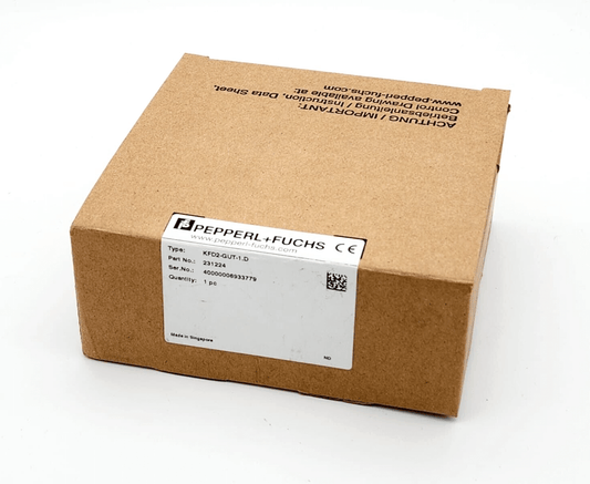Pepperl+Fuchs KFD2-GUT-1.D temperature transmitter box with label displaying product details and specifications.