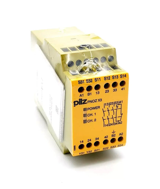 Pilz 774310 PNOZ X3 safety relay device, 24VAC/24VDC, 3 n/o, 1 n/c, 1s output, 1-2 channel monitoring, YOM 2019, with cross fault detection.