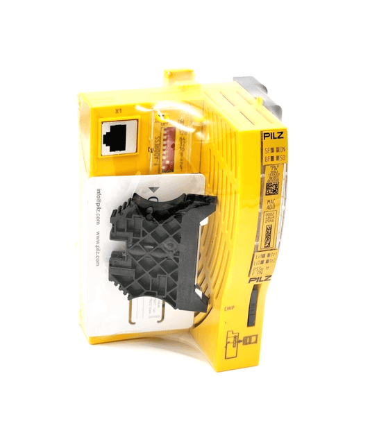 Pilz 312043 PSSu H F PN Kopfmodul, ProfiNET Fail-Safe Standard module, shown with connectors and mounting parts.