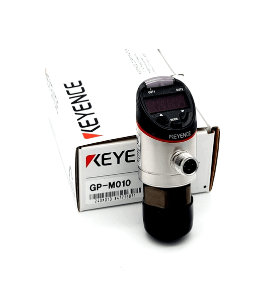 Keyence GP-M010 main unit for overpressure applications, 1 MPa, with packaging, digital display, and pressure sensor.