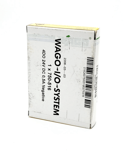 Wago 750-516 package, 4-channel digital output, DC 24V, 0.5A, negative switching, white box with barcode and product details visible.