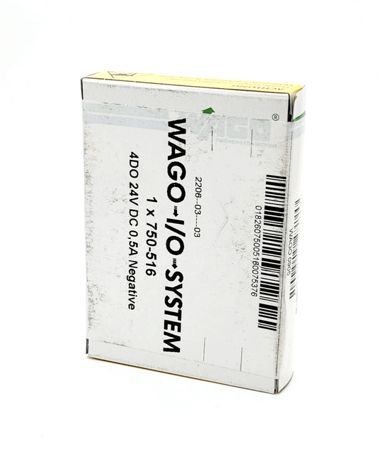 Wago 750-516 package, 4-channel digital output, DC 24V, 0.5A, negative switching, white box with barcode and product details visible.