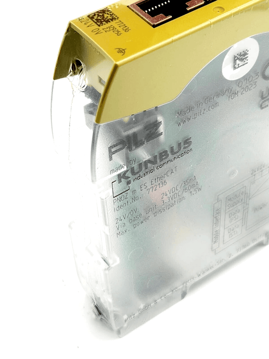 Pilz 772136 PNOZ m ES EtherCAT control module, configurable PNOZmulti 2 system extension, industrial communication device.