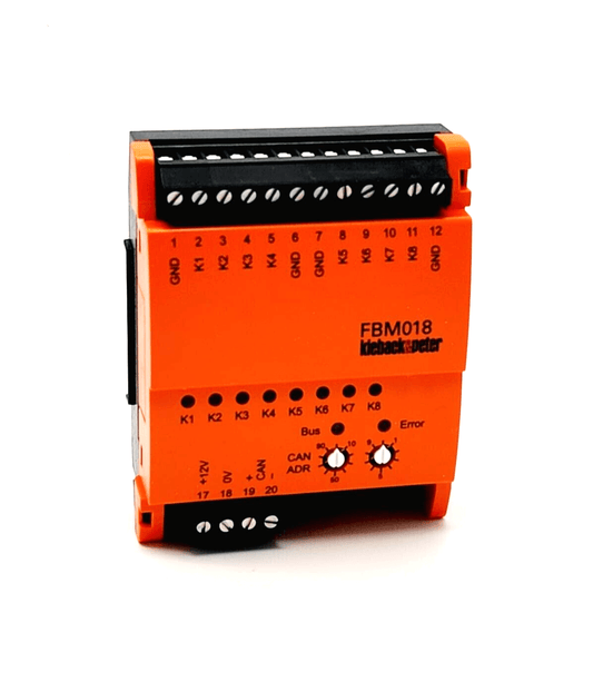 Kieback & Peter FBM018 Eingabe-Modul Feldbus with 8 contact inputs, CAN interface, and LED indicators for input and bus status.