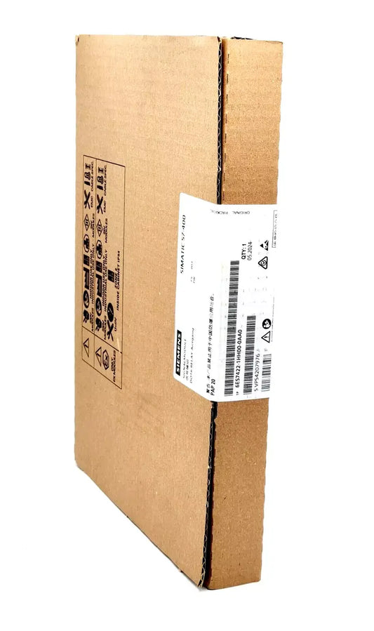 Siemens 6ES7422-1HH00-0AA0 SM 422 sealed box, side view, with technical label and packaging details.