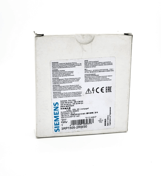 Siemens 3RP1505-2RW30 Multifunction Timer Relay packaging with specifications and barcode visible.