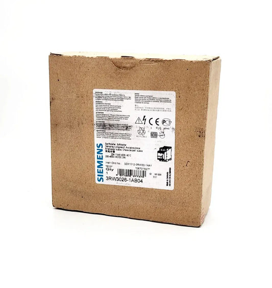 Packaging of Siemens SIRIUS 3RW3026-1AB04 soft starter, S0 series, 25 A, 11 kW, 400V AC, model with screw terminals.