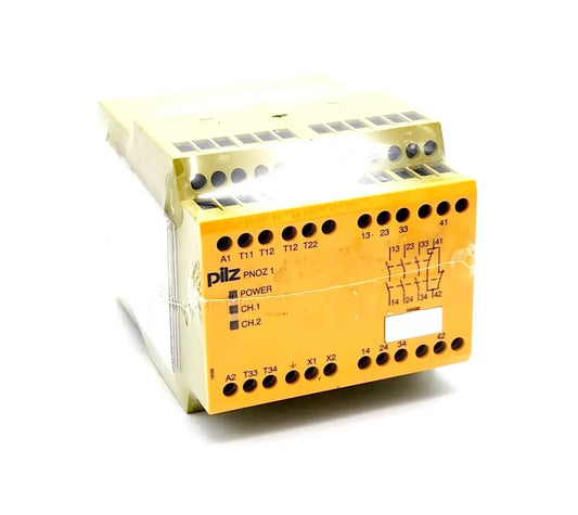 Pilz 775650 PNOZ 1 safety relay, standalone 230-240VAC, 3 NO and 1 NC outputs, for emergency stop and guard monitoring applications.