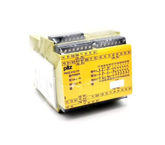Pilz 777750 PNOZ X10.11P safety relay 24VDC with 6n/o and 4n/c outputs, showing front view with connectors and LED indicators.