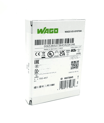 Wago 750-497 8-Kanal-Analogeingang packaging, showing product specifications and certifications on the box.
