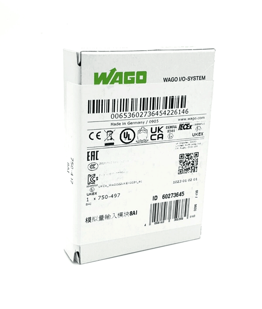 Wago 750-497 8-Kanal-Analogeingang packaging, showing product specifications and certifications on the box.