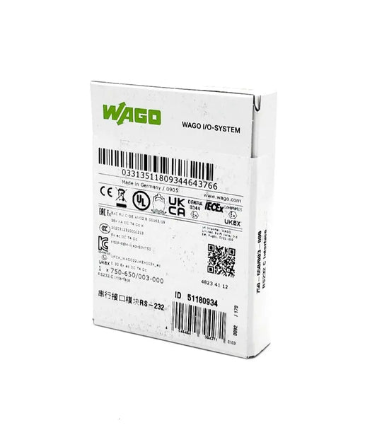 Wago 750-650/003-000 RS-232 Serial Interface Packaging with Product Information and Barcode