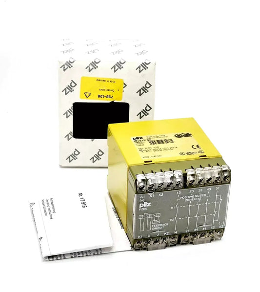 Pilz 474910 PZE 5 safety relay 24V DC, 4 safety contacts, 1 auxiliary contact for contact extension in packaging.