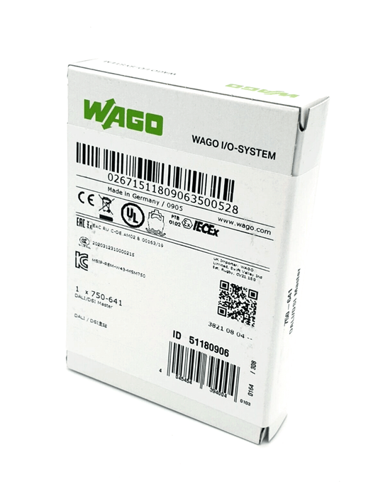 Packaging of Wago 750-641 DALI-/DSI-Master, compatible with WAGO-I/O-SYSTEM 750 for lighting control, showcasing technical details.