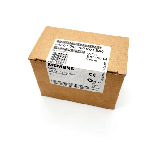 Siemens 6ED1055-1MM00-0BA0 LOGO! AM2 AQ Erweiterungsmodul, DC 24V analog output module in original packaging.