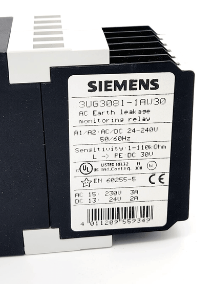 Siemens 3UG3081-1AW30 earth leakage monitoring relay for ungrounded AC networks AC/DC 24-240V front view.