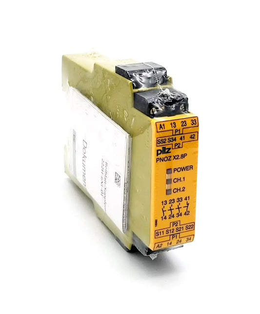 Pilz 777302 PNOZ X2.8P safety relay, standalone, 24-240VAC/DC, 3n/o 1n/c, for emergency stop and safety gate monitoring.