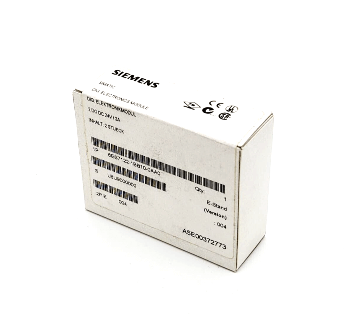 Box of Siemens 6ES7122-1BB10-0AA0 SIMATIC SC electronic modules, DC 24V/2A, 2 pieces per package.