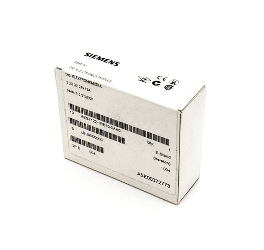 Box of Siemens 6ES7122-1BB10-0AA0 SIMATIC SC electronic modules, DC 24V/2A, 2 pieces per package.