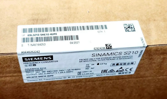 Siemens SINAMICS S210 frequency converter packaging with model number 6SL3210-5HE10-4UF0 and technical specifications label.