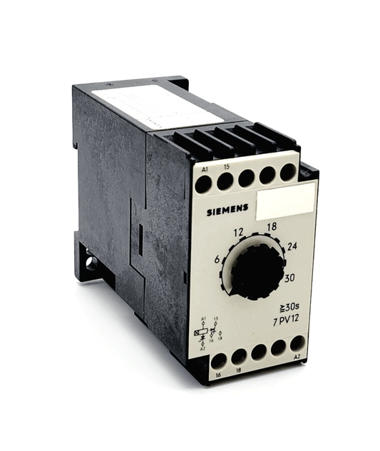 Siemens 7PV1230-1GG electronic time relay, 220V, 0-30s range, industrial automation equipment, black and white design.