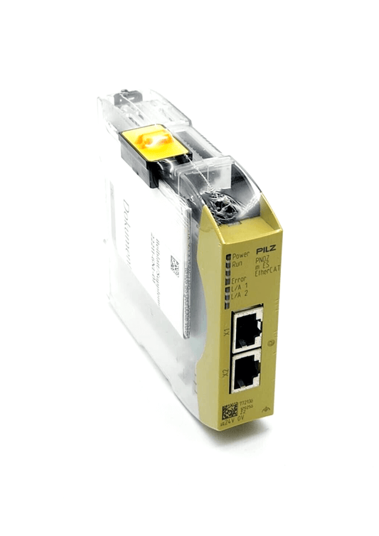 Pilz 772136 PNOZ m ES EtherCAT control system, configurable expansion module with communication link, front and side view.