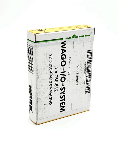 Wago 750-512 2-channel relay output packaging, AC 250V, 2.0A, box for industrial digital output module with 2 Normally Open contacts.