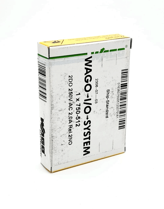 Wago 750-512 2-channel relay output packaging, AC 250V, 2.0A, box for industrial digital output module with 2 Normally Open contacts.