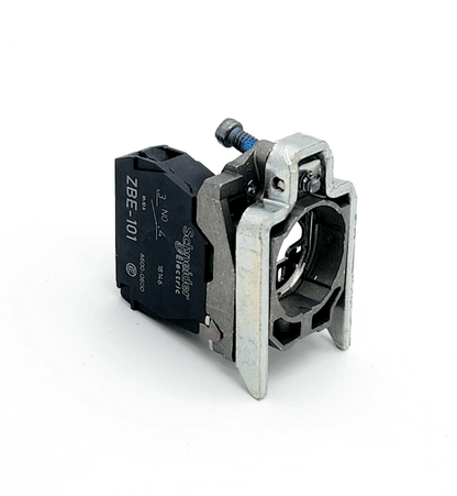 Schneider Electric ZB4BZ101 contact block with mounting flange, zamak bezel, single contact assembly.