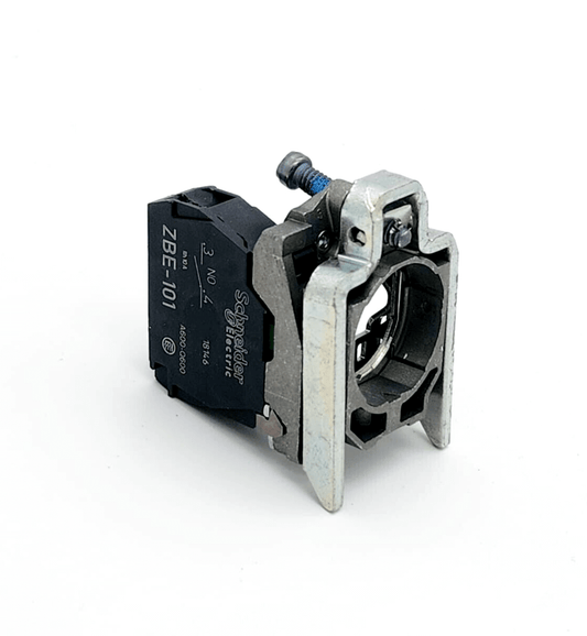 Schneider Electric ZB4BZ101 contact block with mounting flange, zamak bezel, single contact assembly.
