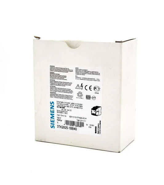 Box of Siemens 3TK2825-1BB40 SIRIUS Safety Relay Device with label showing specifications and certifications.