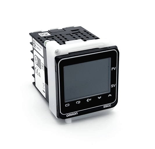 Omron E5CC-RX3A5M-001 temperature controller, 1/16 DIN, digital display with relay output, used for precise temperature regulation.