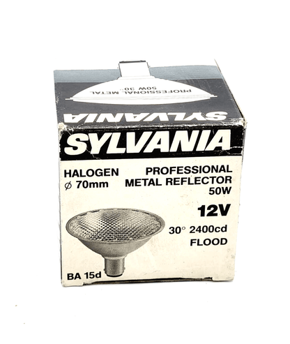 Sylvania Metal Professional Reflector 70mm 12V 50W 30° Flood Light in packaging, halogen bulb, BA15d socket.