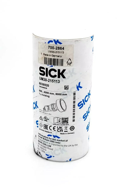 Packaging of Sick 6036920 UM30-215113 Ultrasound Distance Sensor, showing specifications and labeling, made in Germany.