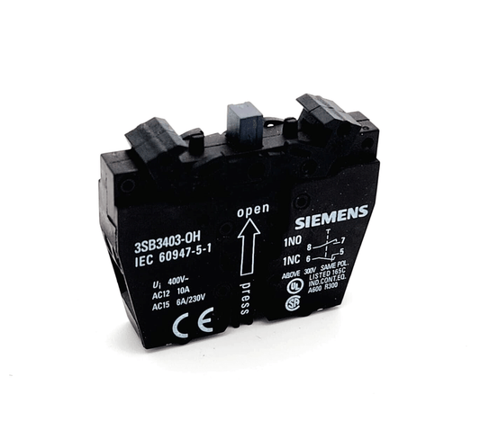 Siemens 3SB3403-0H switch element with 2 contacts, 1S and 1OE, for panel mounting, shown with terminal and specifications.
