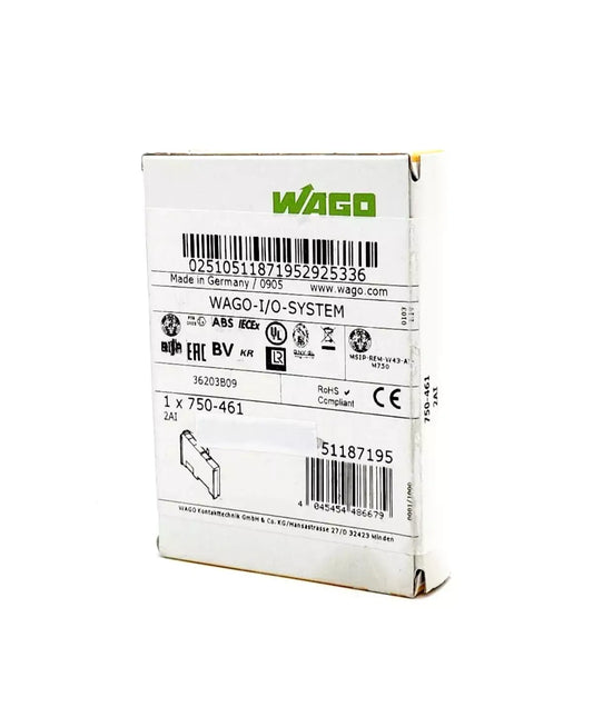 Packaging of Wago 750-461 2-Channel Analog Input Module with labeling and barcodes.