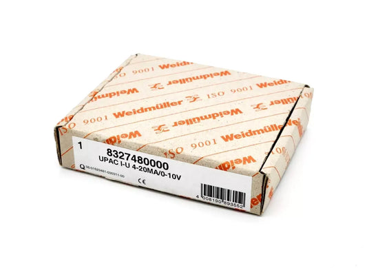 Weidmüller 8327480000 UPAC Analog-Isolator packaging, model UPAC I-U 2-20mA/0-10V, with visible branding and product number.
