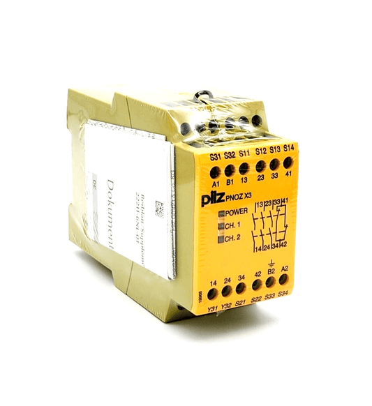 Pilz 774311 PNOZ X3 safety relay, 42VAC 24VDC, 3NO 1NC 1SO, standalone safety switchgear, 45mm width, yellow front view.
