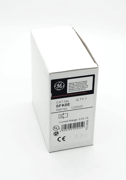 GE 120005 SFK0E motor protection switch, 0.63-1A, in original packaging with product label visible.